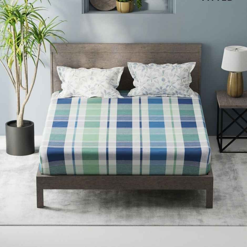 Kopa Bamboo Micro King Bedsheet With 2 Pillow Covers | Set of 3 | Santiago Checks | Mint, Blue