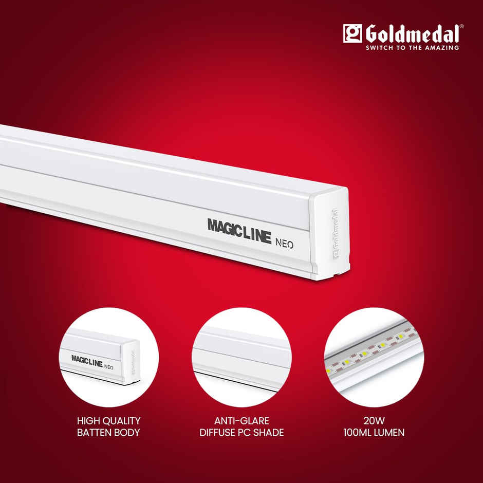 Gold Medal Magic Line Neo 20W T5 LED Slim Batten For Domestic Use - Cool Daylight (6500K) | With 2000 Lumens | Surge Protection up to 4kV | Energy Efficient Tubelight for Home, Office