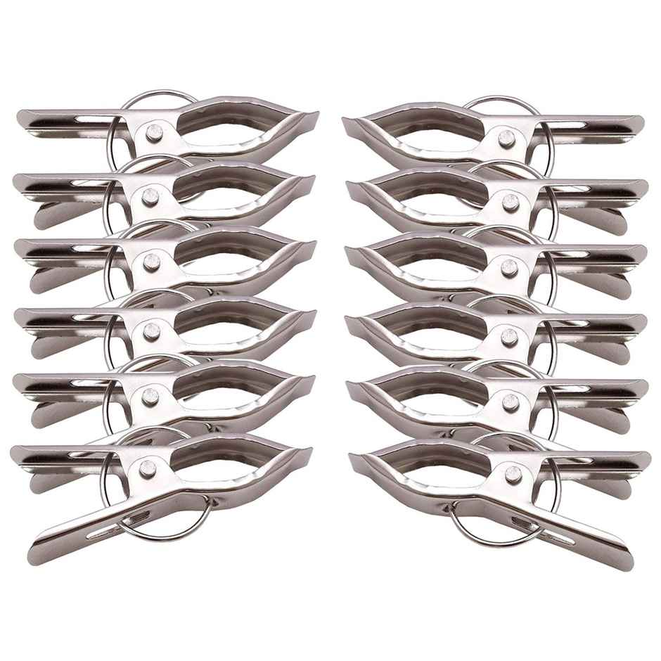 Kuber Industries Heavy Duty & Stainless Steel Hanging Cloth Drying Clips | Silver | Pack of 12