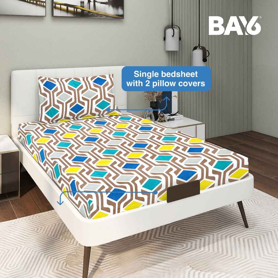 BAY6 Single 110 GSM Microfibre Geometric Print Bedsheet, 1 Pillow Cover | Blue & Grey | 59 x 87 in