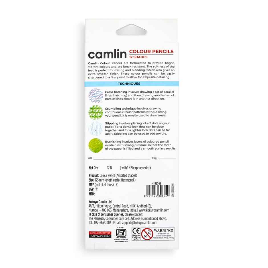Camlin Colour Pencils Assorted Pack Of 12 Shades With Sharpener, Full Size
