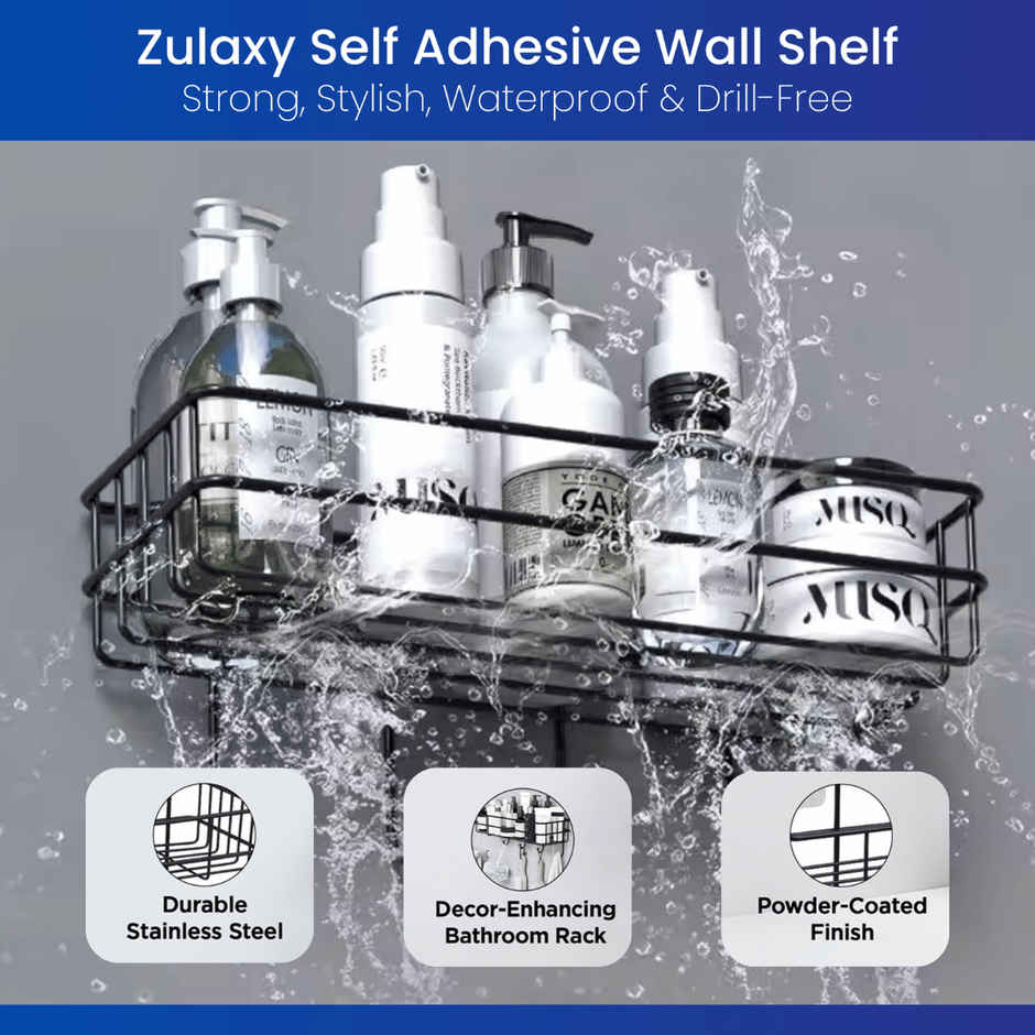 Zulaxy Self Adhesive Rectangular Wall Shelf for Bathroom and Kitchen (Metal, Black)