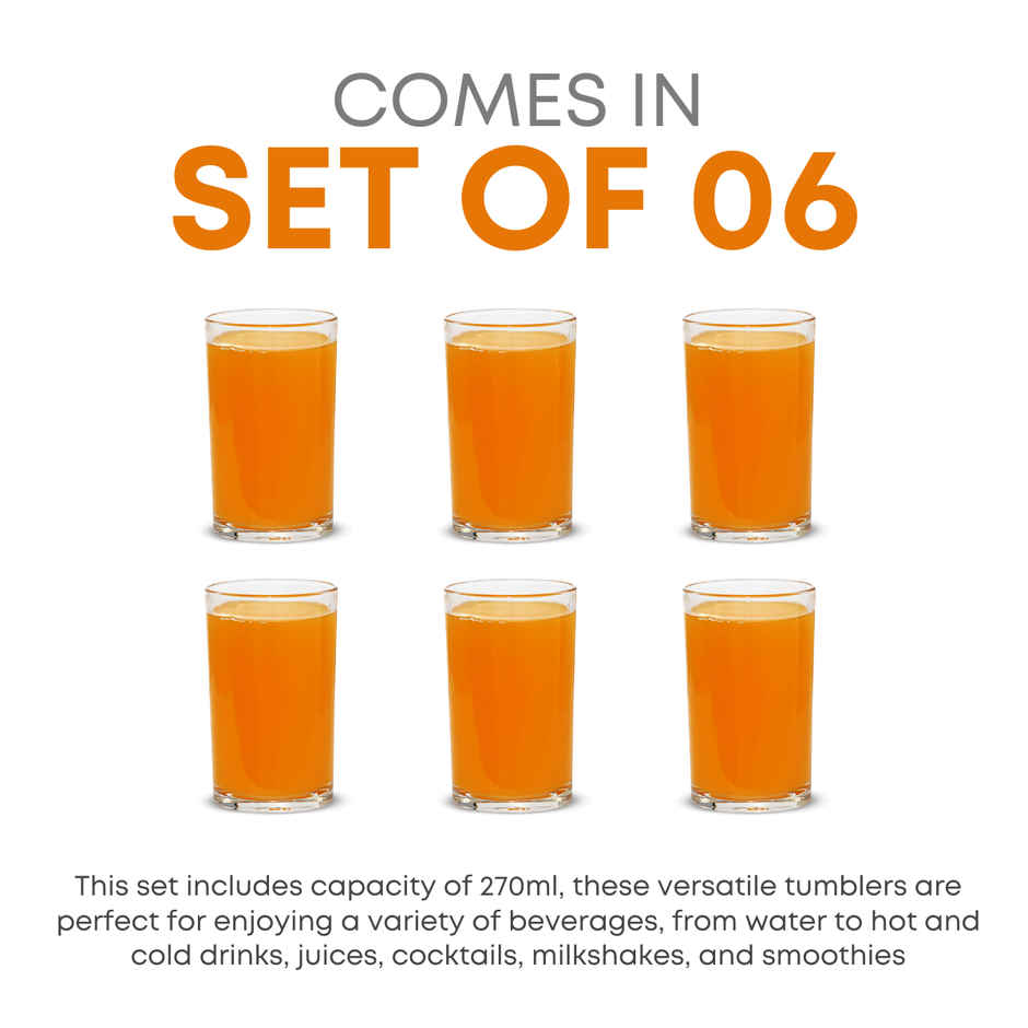 Yera Epitome Straight/Round 275 ml Water/Juice Glasses Tumbler Set 6 Pc