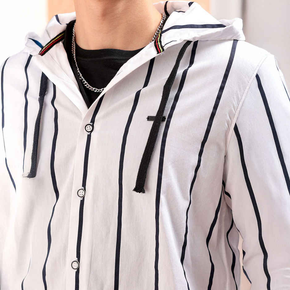 The Indian Garage Co Men's Slim Fit Vertical Striped Casual Shirt | White - XL