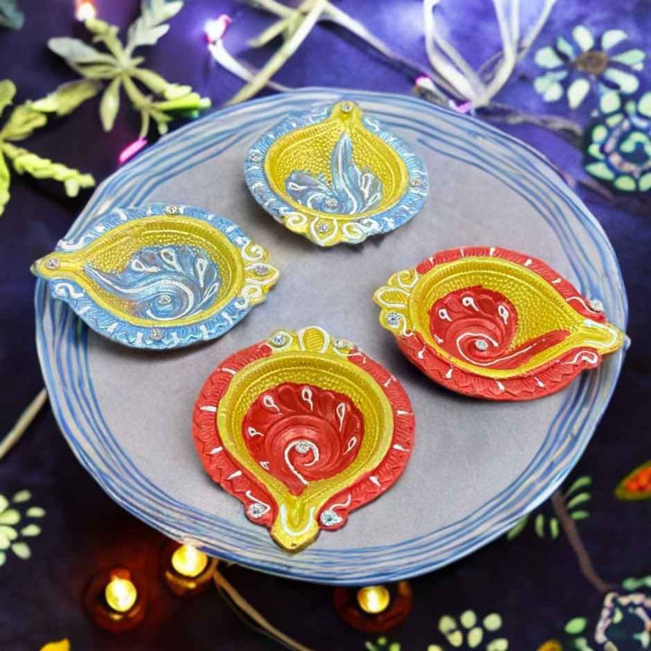 Multicolor Floral Diya | Pack OF 4 | Designer Clay Diya | DiaCraft