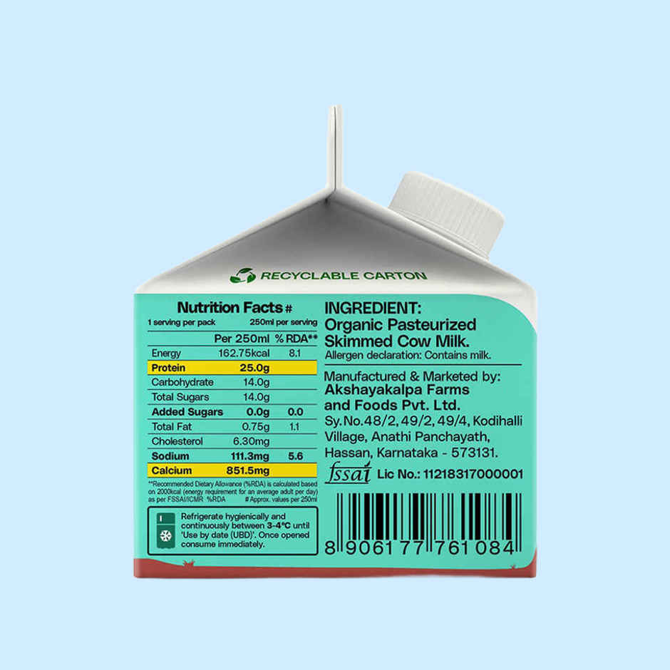 Akshayakalpa Organic High Protein Cow Fresh Milk | 25g Protein | Gable Top Pack