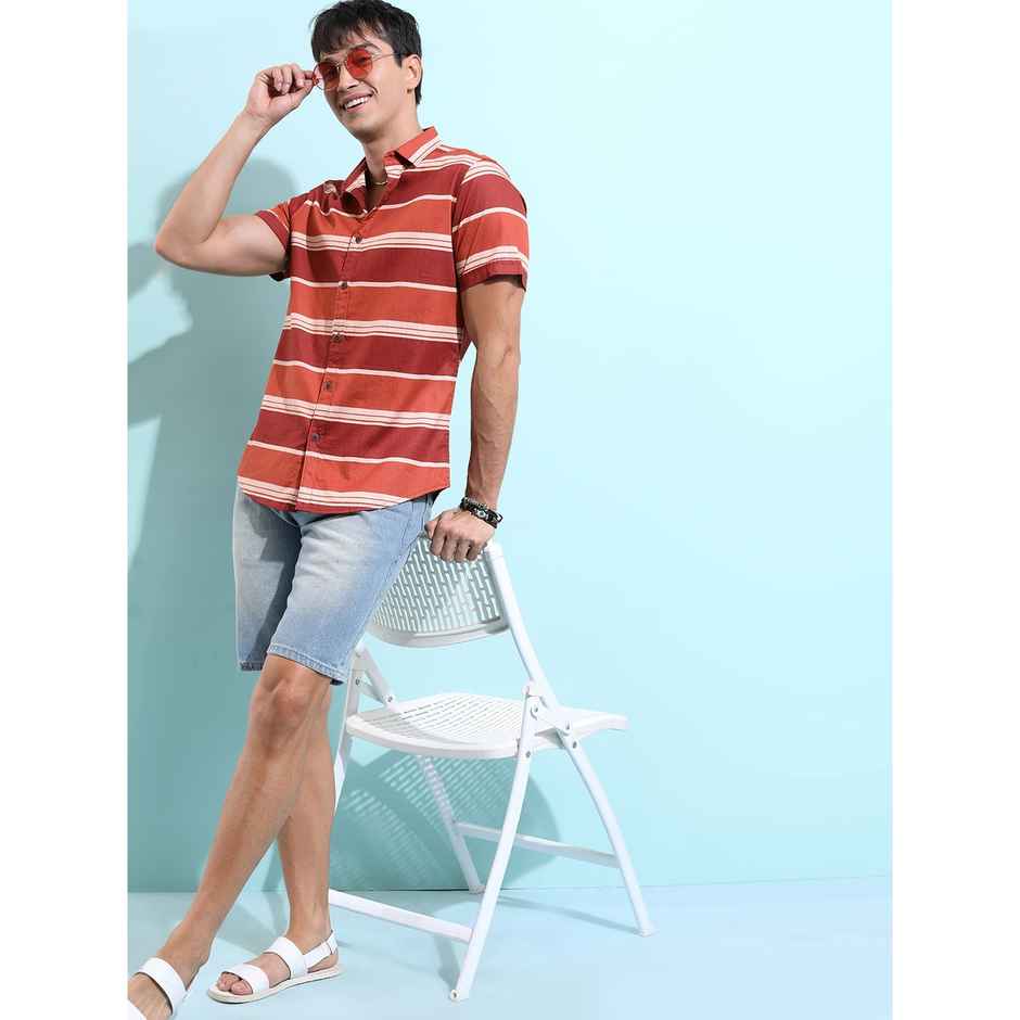 Ketch Men Horizontal Striped Spread Collar Cotton Slim Fit Casual Shirt | Brown | XL