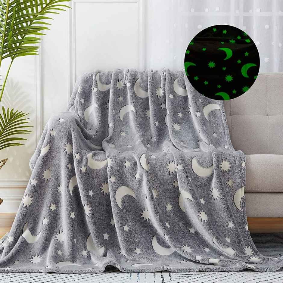 Famyo Glow Blanket, Grey Moon & Star Queen Size AC Blanket for Ages 3 & Up - 200 x 152 cm