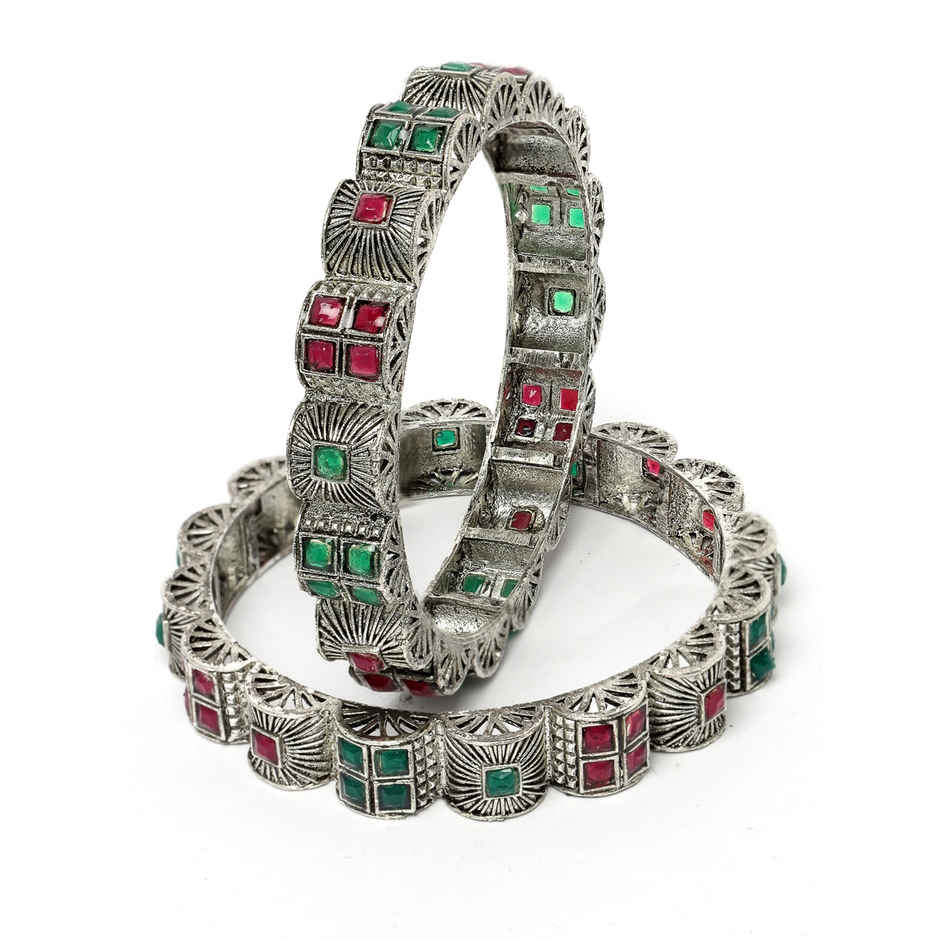 Sukkhi Silver Oxidised Rhodium Plated Red & Green Broad Bracelet Bangle Set Jewellery - 2.6