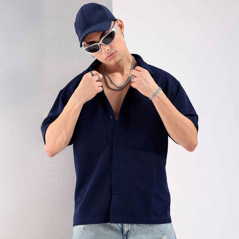 The Indian Garage Co Men's Boxy Fit Solid Casual | Navy Blue | XL