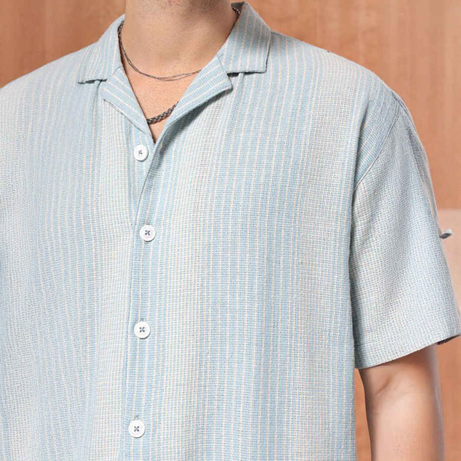 The Indian Garage Co Men's Relaxed Fit Striped Resort Half Sleeve Shirt | Blue - S