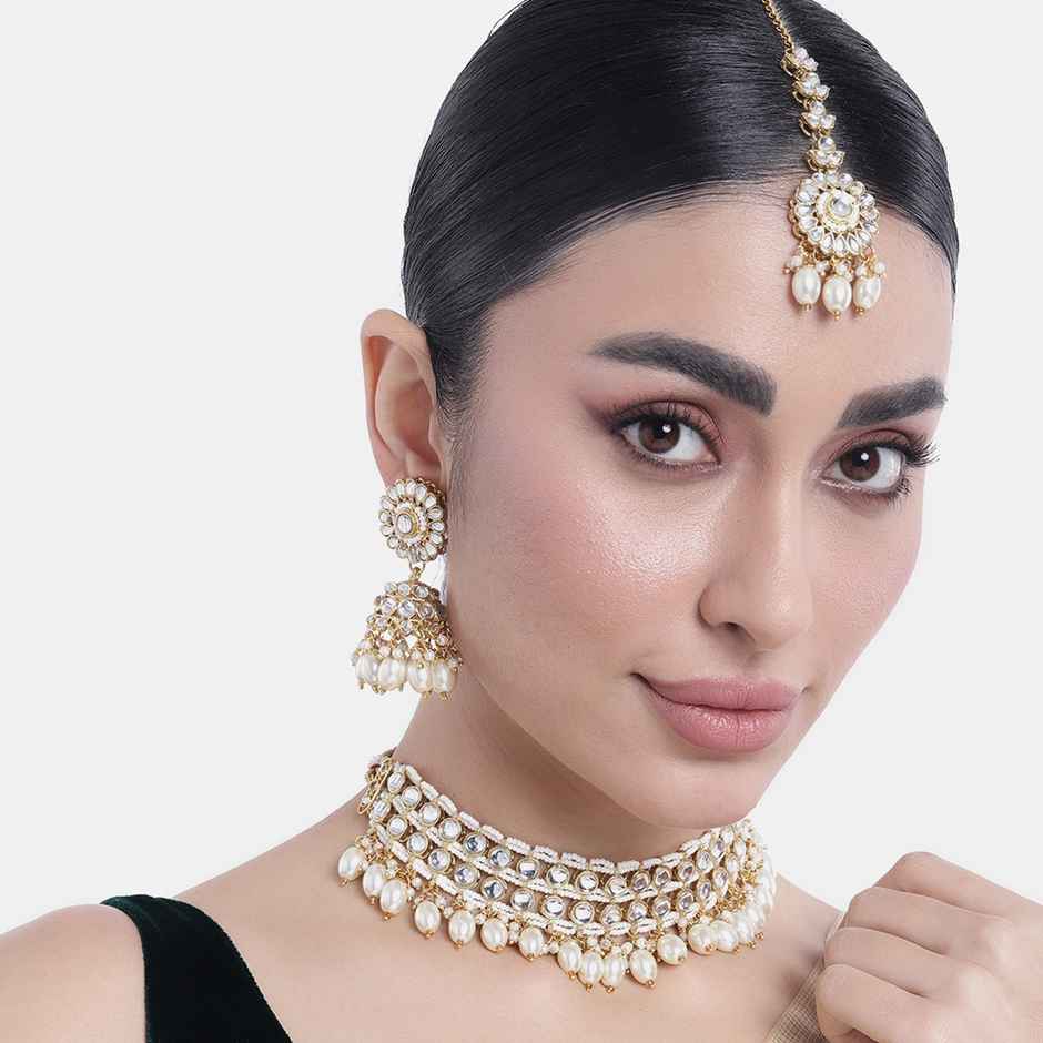 Peora Gold Plated White Kundan Choker Necklace with Jhumki Earrings & Maang Tikka Ethnic Jewelry