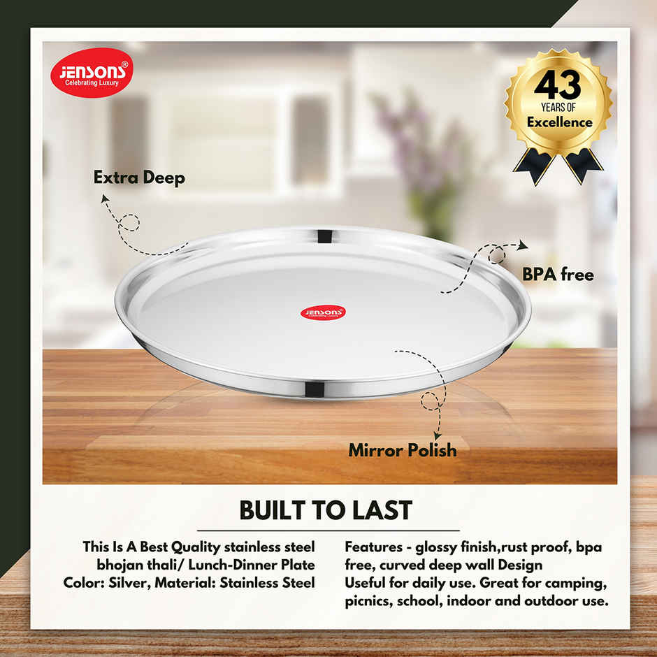 Jensons Stainless Steel Thali, 20 cm, Elegant Round Plate Durable Food Grade Material