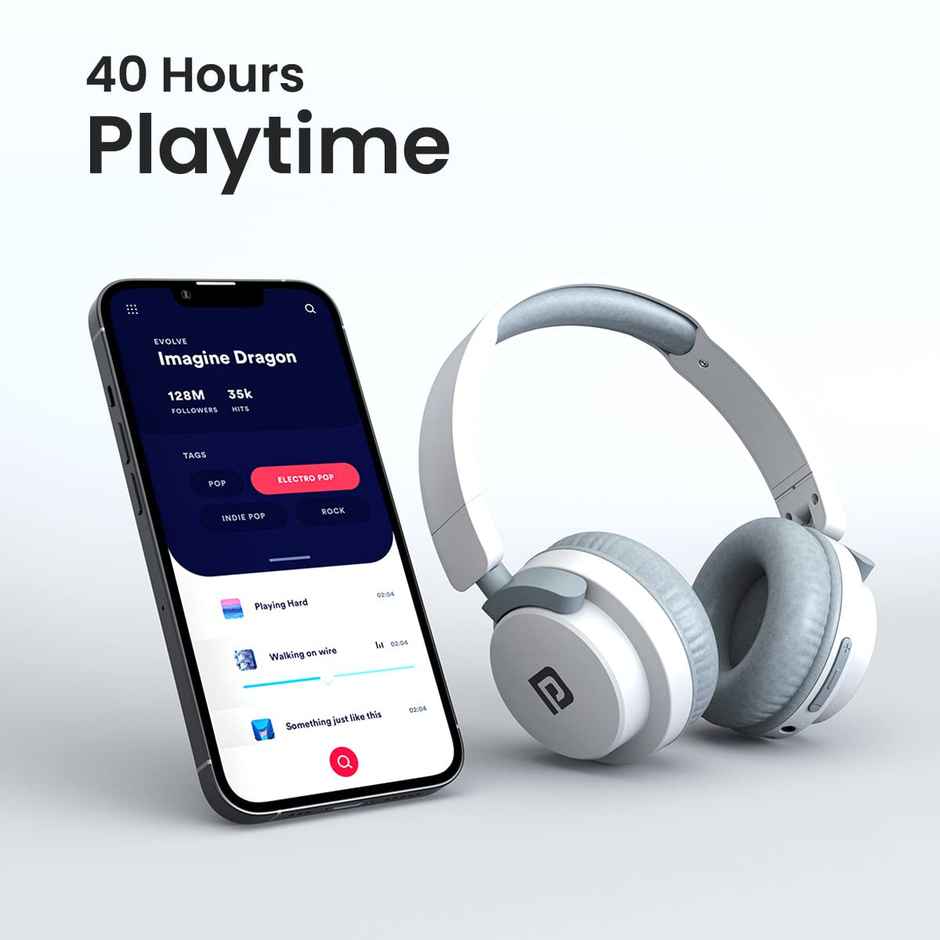 Portronics Muffs M2 Bluetooth Wireless Headphones Over Ear with Upto 40 Hrs Playtime, 40mm Dynamic Drivers, AUX 3.5mm, Powerful Bass, Laptop & PC Support,Type C Charging Port, Foldable Design - White