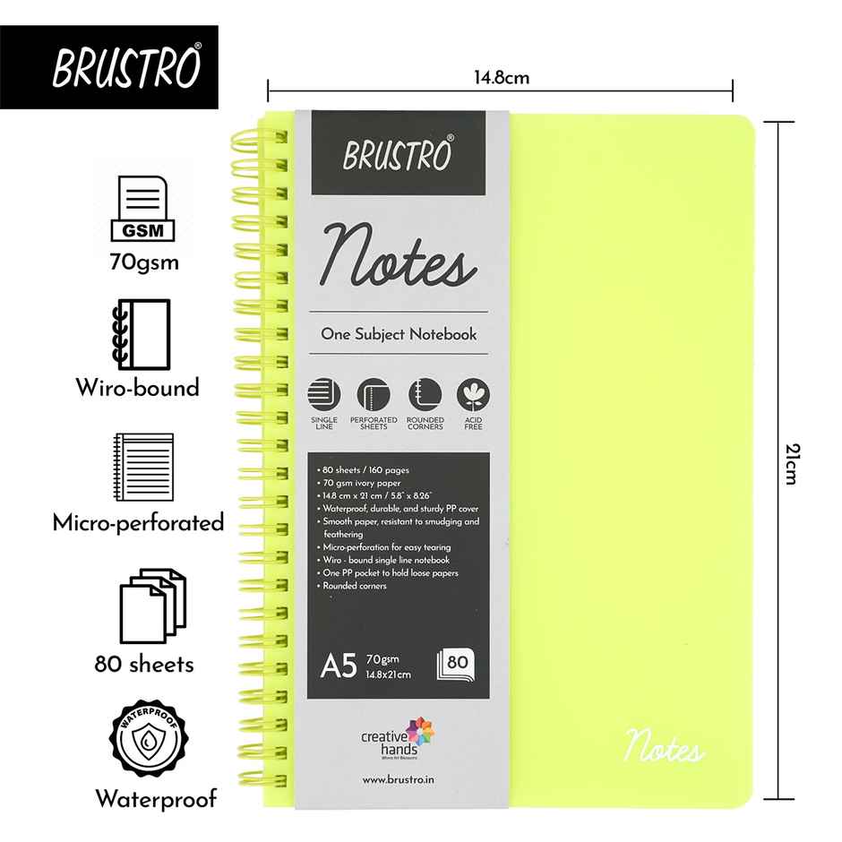 Brustro Notes A5 1 Subject Ruled Notebook | 160 Pages | 14.8 x 21 cm, 70Gsm Ivory Paper | Lime Cover