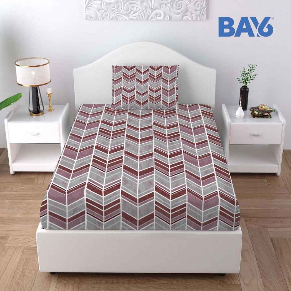 BAY6 Single Microfibre Geometric Print Bedsheet | With Pillow Cover | Maroon & Grey | 59 x 87 in