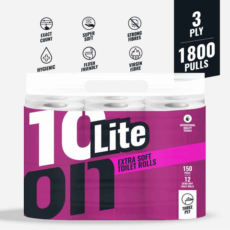 10On Lite Extra Soft Toilet Rolls | Pack of 12 | 150 Pulls Each | 3 Ply
