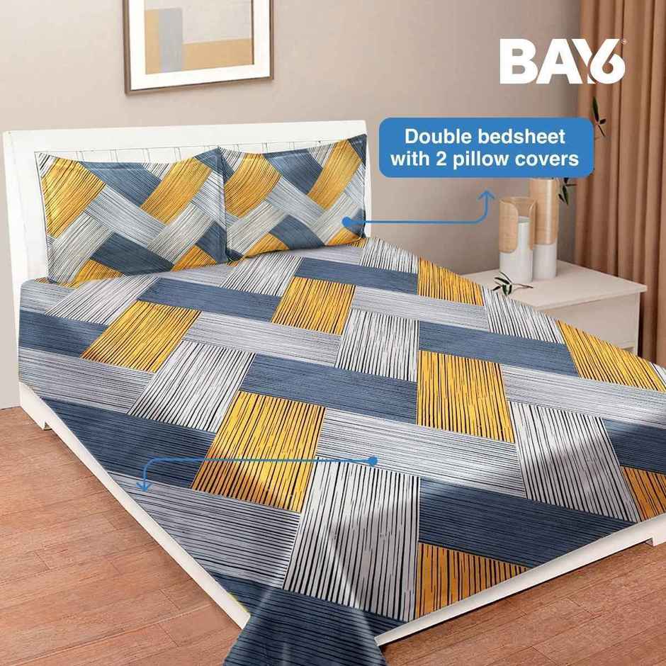 BAY6 Double 110 GSM Stripes Print Microfibre Bedsheet, 2 Pillow Covers | Beige & Yellow | 87 x 94in