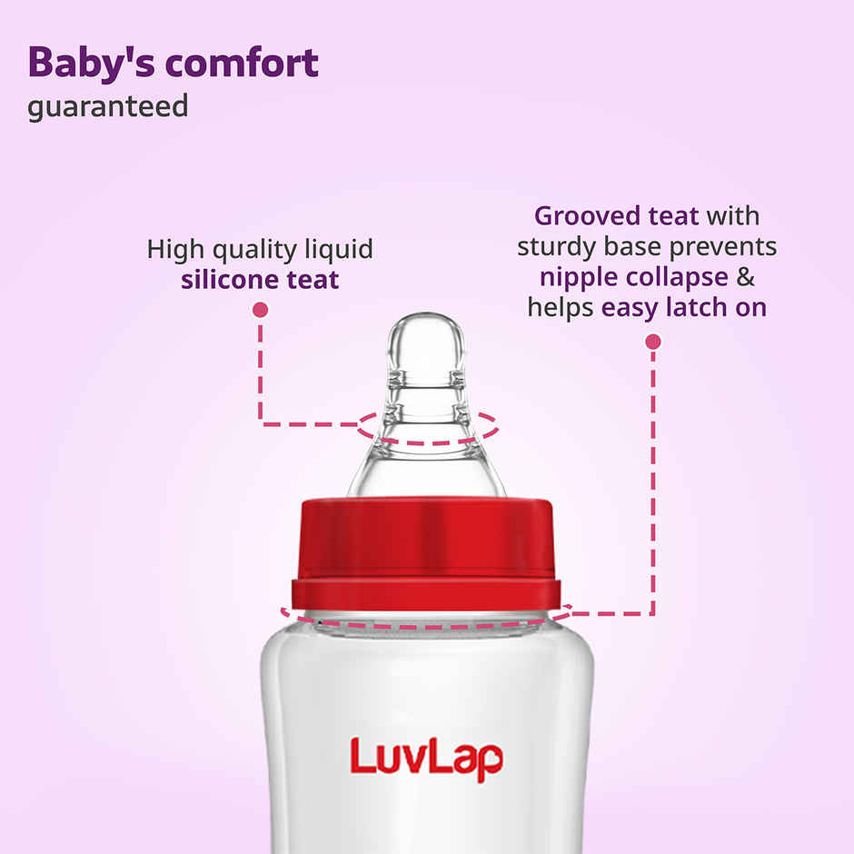 LuvLap Wide Neck Bottle with Anti-Colic Nipple, Soft & Flexible Silicone, upto 3 Years, BPA Free
