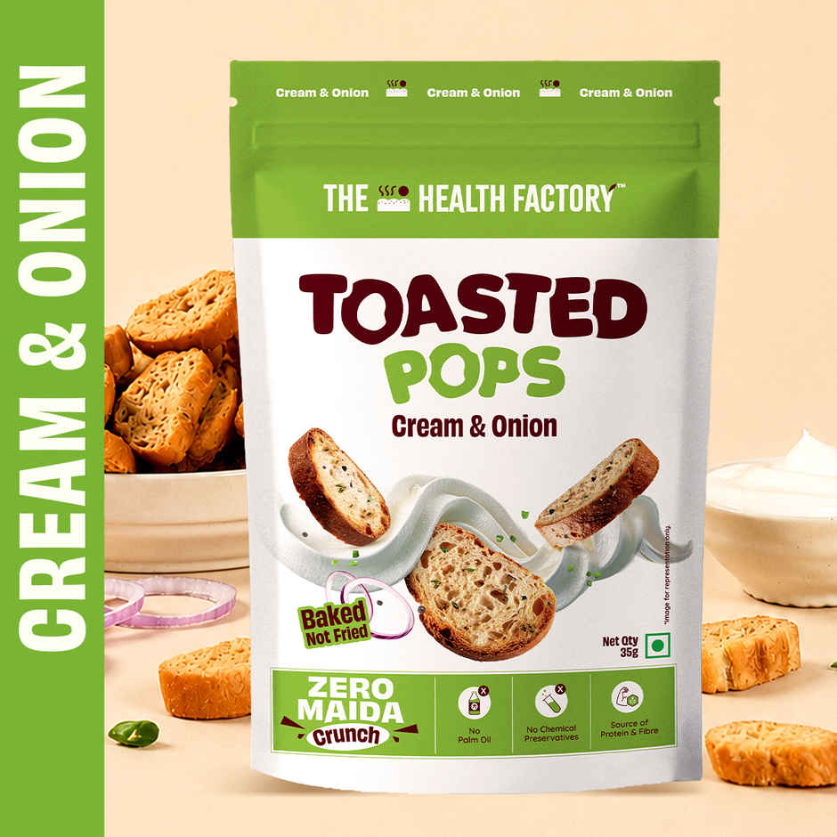The Health Factory Toasted Pops Cream & Onion | Zero Maida | Baked Snack
