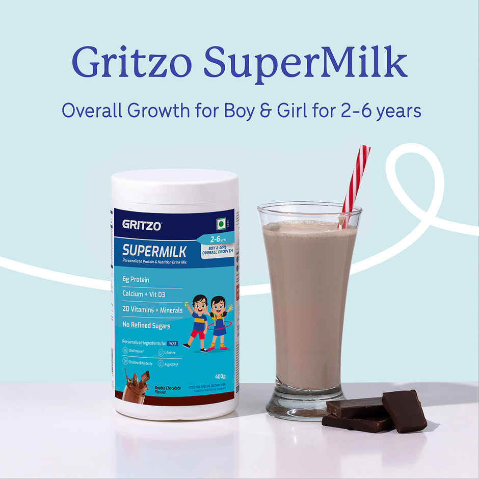 Gritzo SuperMilk Overall Growth | 2-6y Boy & Girl | 6g Protein Powder | Double Chocolate