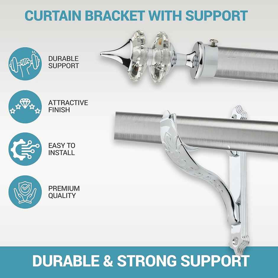 Gloxy Aluminium Double Diamond Curtain Brackets with Support Fittings 1 in Rod | Silver 4 Pair)