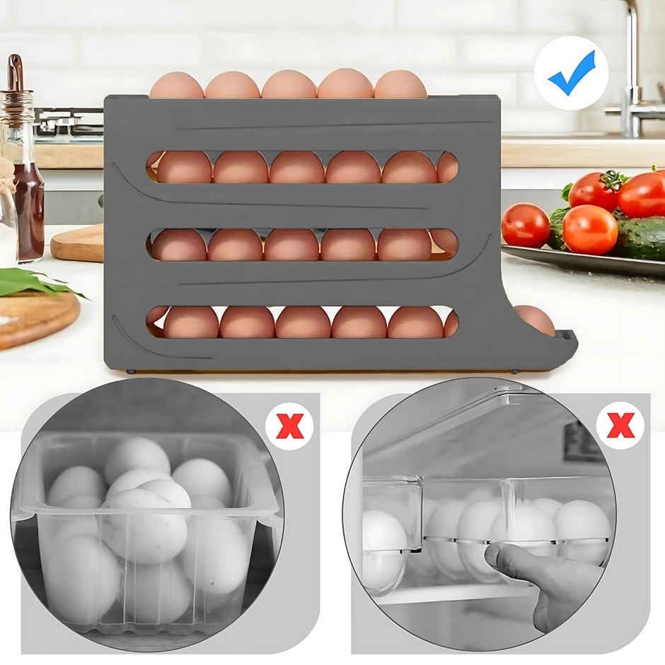 Zedak Plastic 3 Tier Roll Down Egg Storage Box | Grey - 1 pc