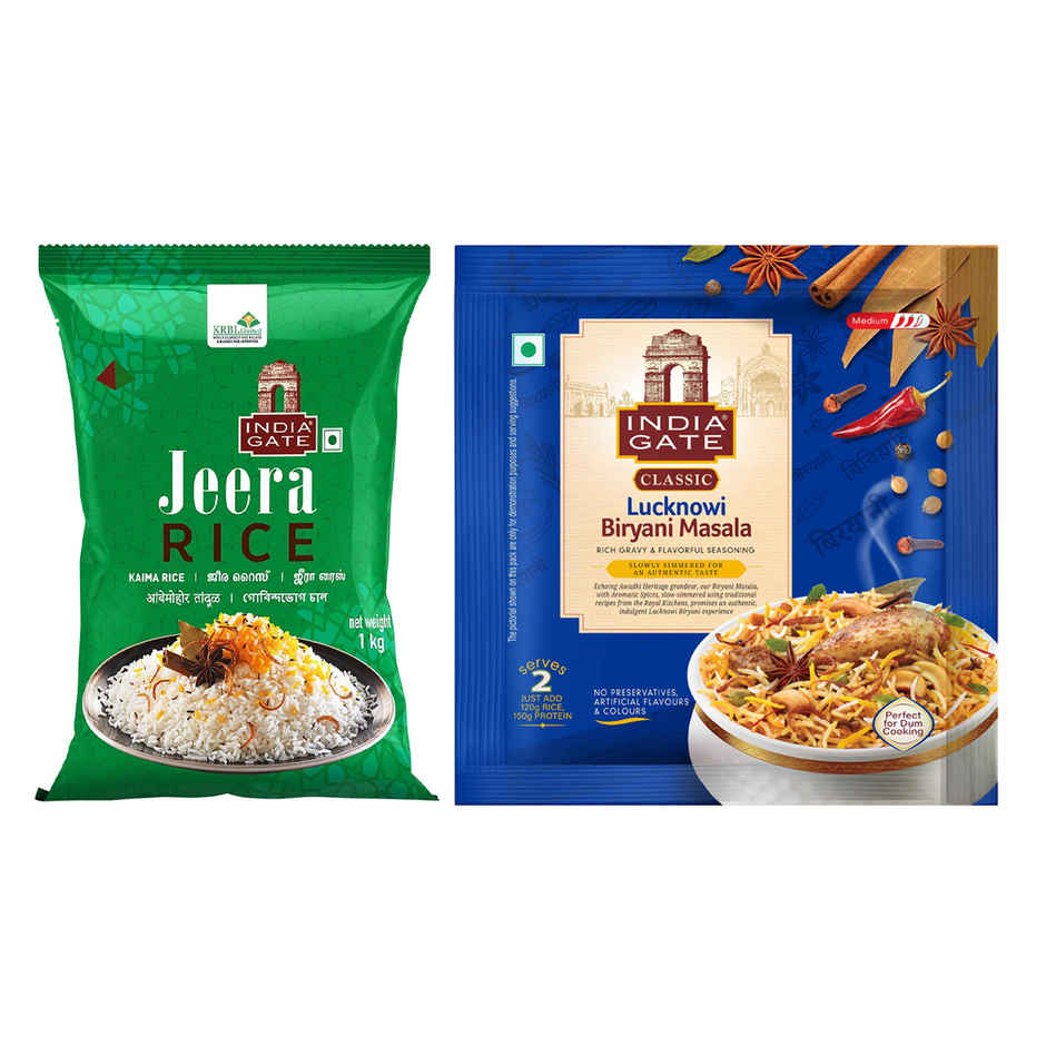 India Gate Jeera Rice | Short Grain (1kg) & India Gate Hyderabadi Classic Biryani Masala 70 Gram (70g) Combo