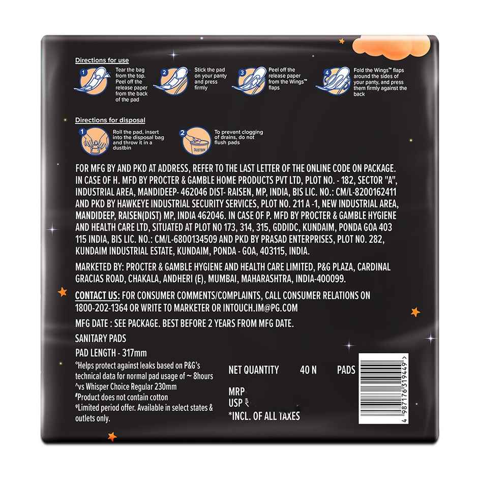 Whisper Choice Nights Sanitary Pads | XXL | 40 pcs