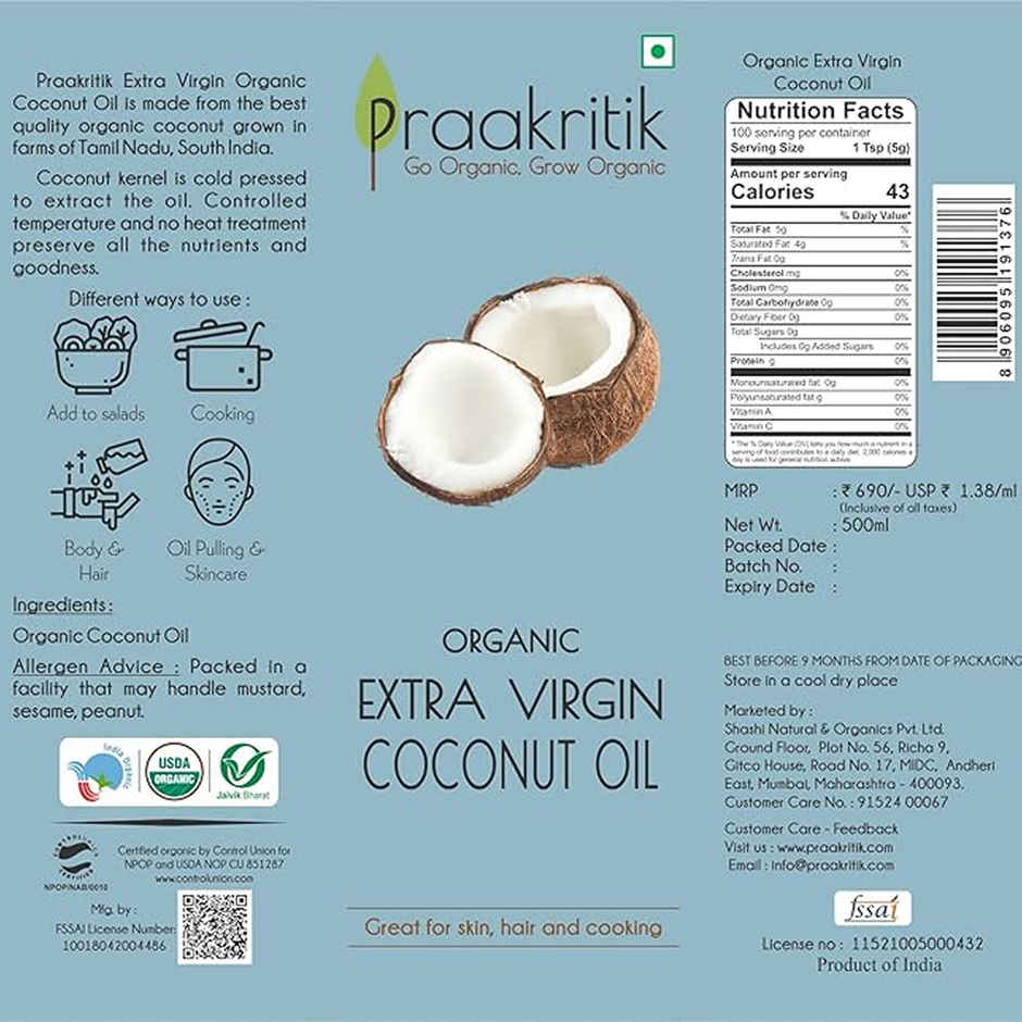 Praakritik Organic Virgin Coconut Cold Pressed Oil (Mutlipurpose)