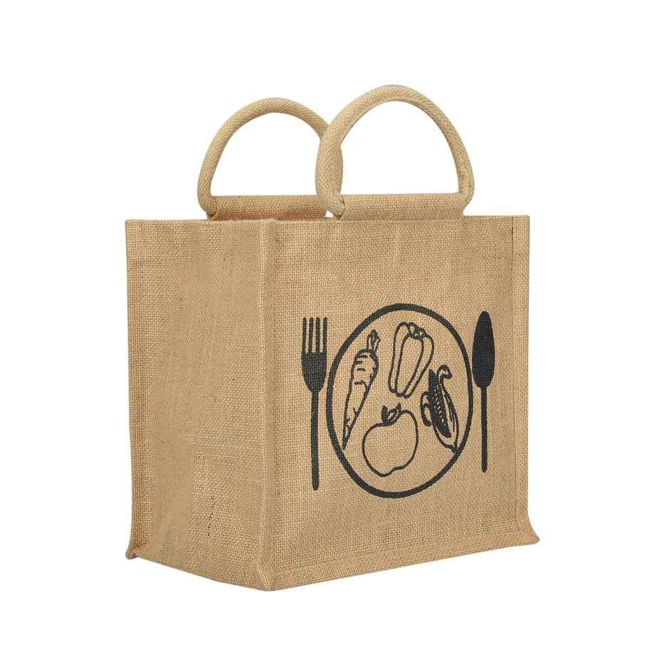 Jute Cottage Carry Bag - Spoon & Fork Print Zipper Lunch Bag | Eco-friendly | Natural | 10 x 10 x 7