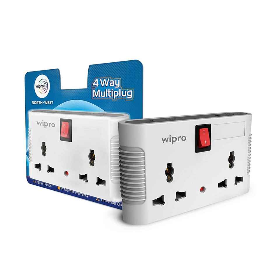 Wipro 4 Way Multiplug Adaptor with 2 Universal Sockets |Inbuilt Surge Protection & Power supply Indicator | Compact & Light weight | 6Amp Multiplug socket for Home, Office - White