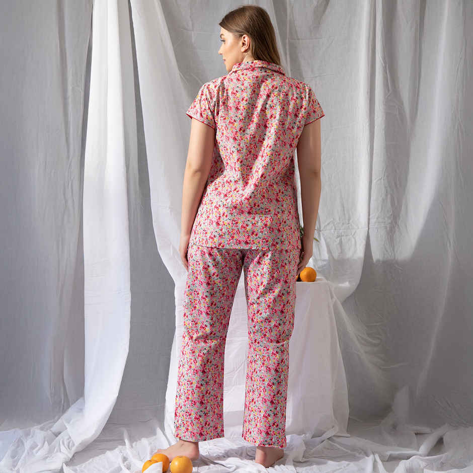 Clovia Print Me Pretty Button Down Shirt & Pyjama Set - Cotton Rich(Pink - M)
