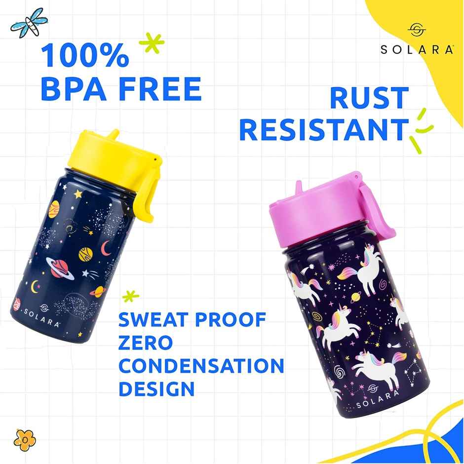 Solara 450Ml Insulated Sipper Water Bottle For Kids, Stainless Steel- Unicorn
