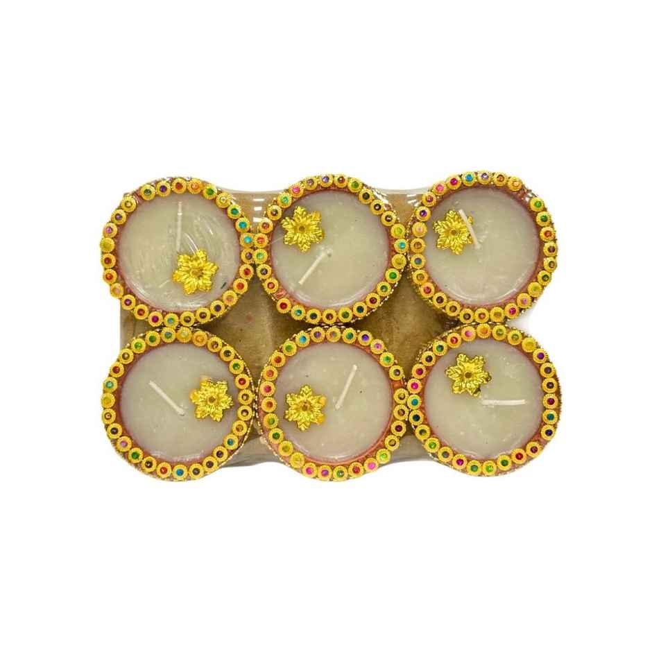 Golden Lace Katori Wax Diya | Designer Wax Diya | Pack Of 6 | Clay | DiaCraft