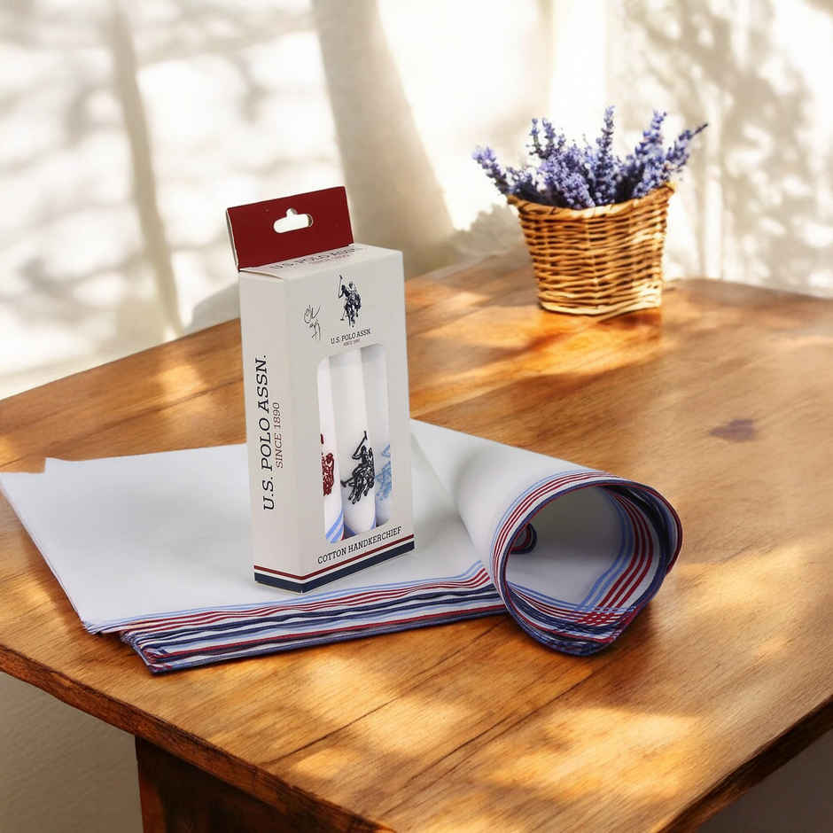 U.S. Polo Assn. Men's Pure Cotton Brand Logo Handkerchief - Pack Of 3 Assorted - One Size