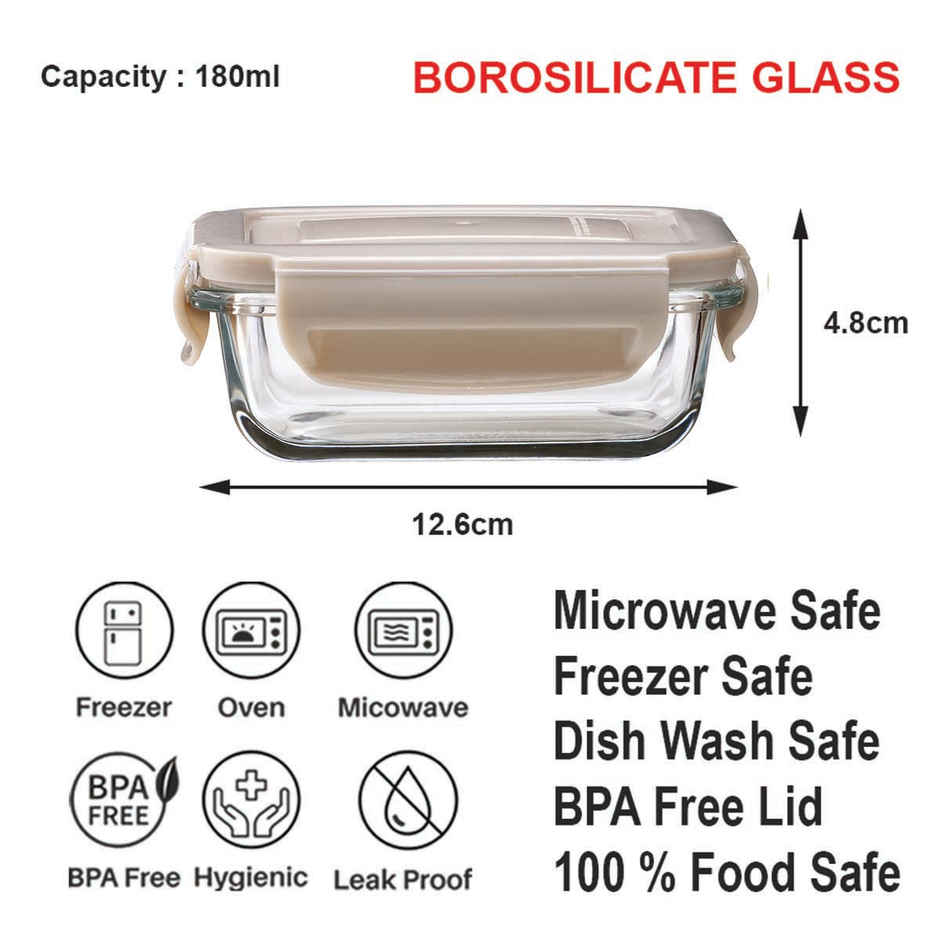 BAY6 Premium Imported Borosilicate Glass Container with Lid 180 ml - Rectangle - Beige