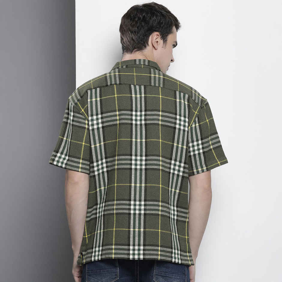 The Indian Garage Co Men's Relaxed Fit Checkered Resort Wear Half Sleeve Shirt | Green - S