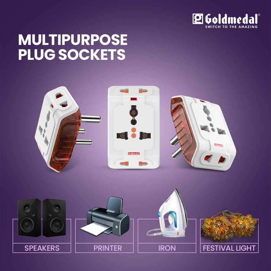 Gold Medal Spice 3 Pin 240V Multi Plug Socket | 10 Amp Adaptor with LED Indicator | Supports 2-Pin&3-Pin Plugs | Multiplug for Home&Office( Laptop/Mobile charger)