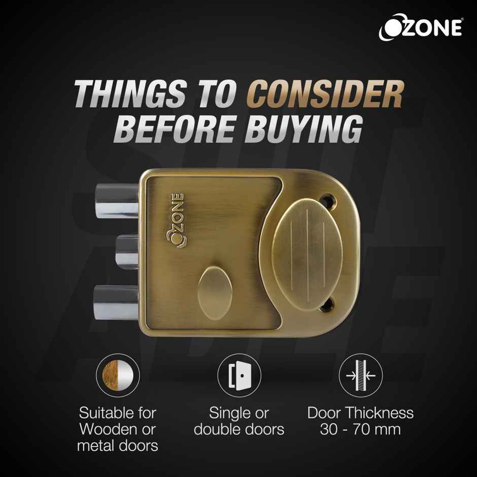 Ozone Night Latch | Single Latch + Double Bolt | Door Thickness 30-70 MM | Antique Brass Finish