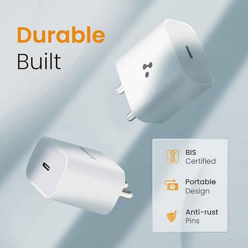 Ambrane (Raap M20) 20W Type C Mobile Charger Adapter, Fast Charging for Android, iPhone 14/13,13/12/11/X & Pro, Max Series & Other Type C Enabled Devices, PD Technology, BIS Certified - White