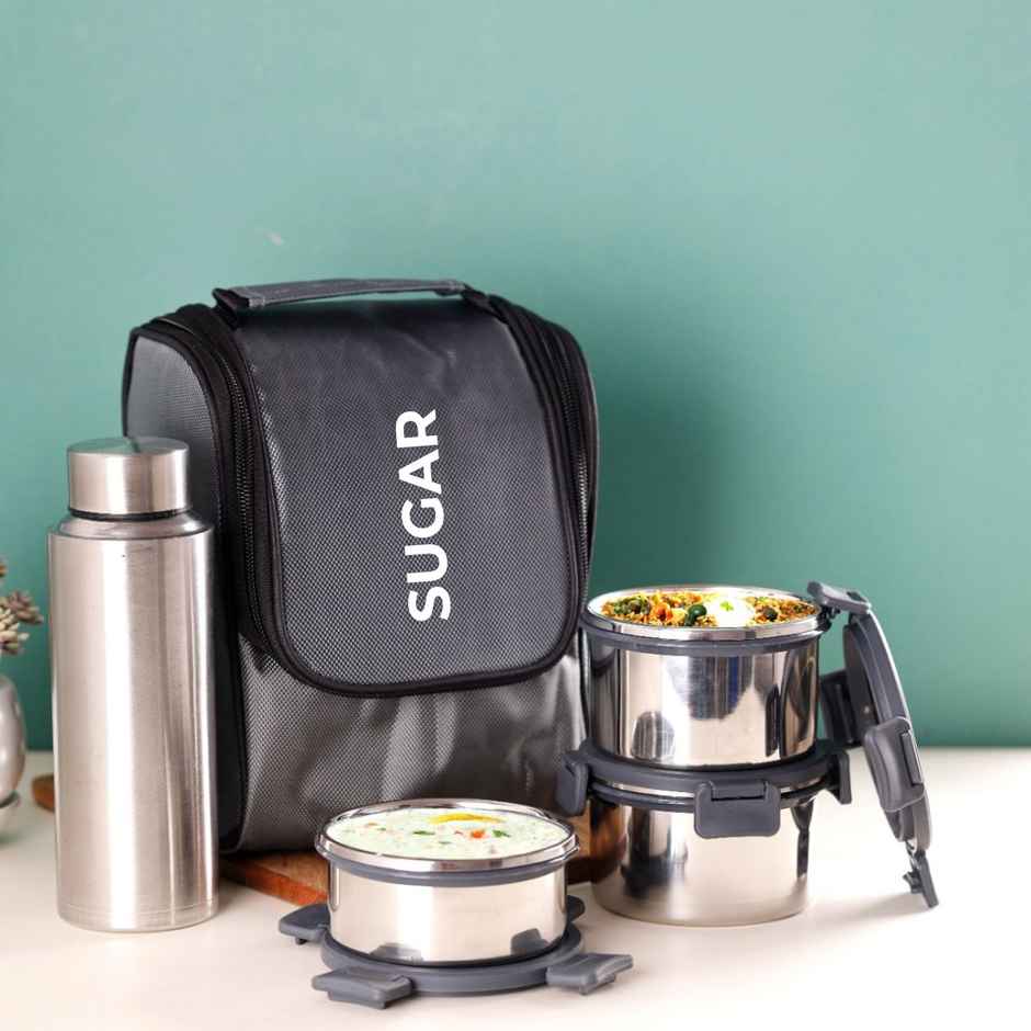 Sugar Homeware Steelock Combo Containers with Stainless Steel Bottle and Insulated Bag
