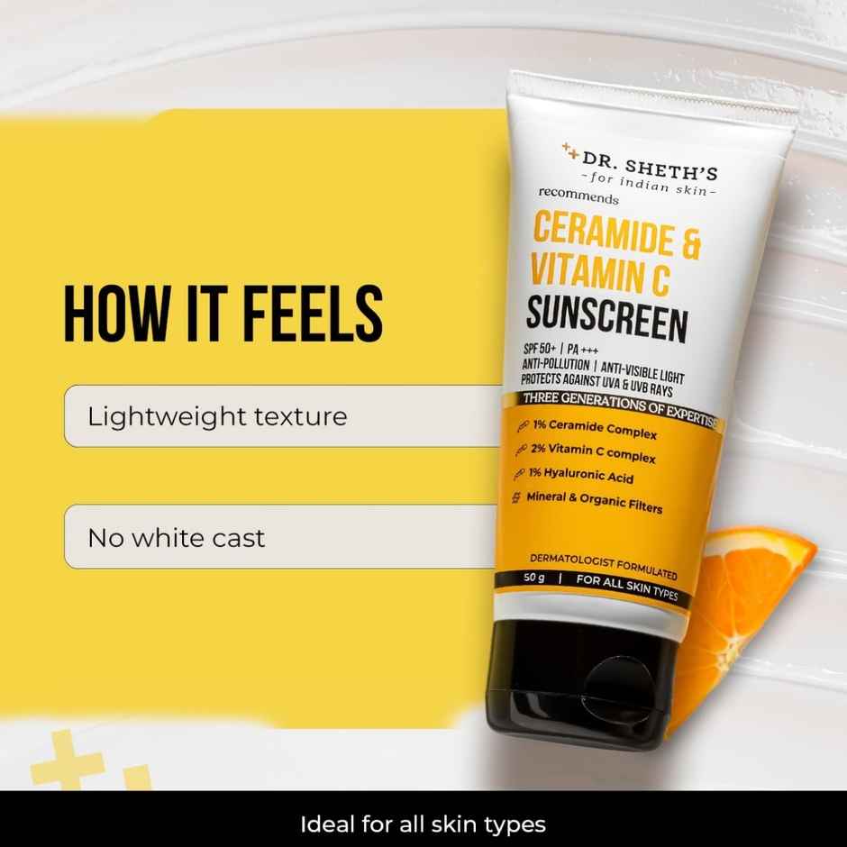 Dr. Sheth'S Ceramide & Vitamin C Sunscreen Spf 50 Pa+++ No White Cast For All Skin Type