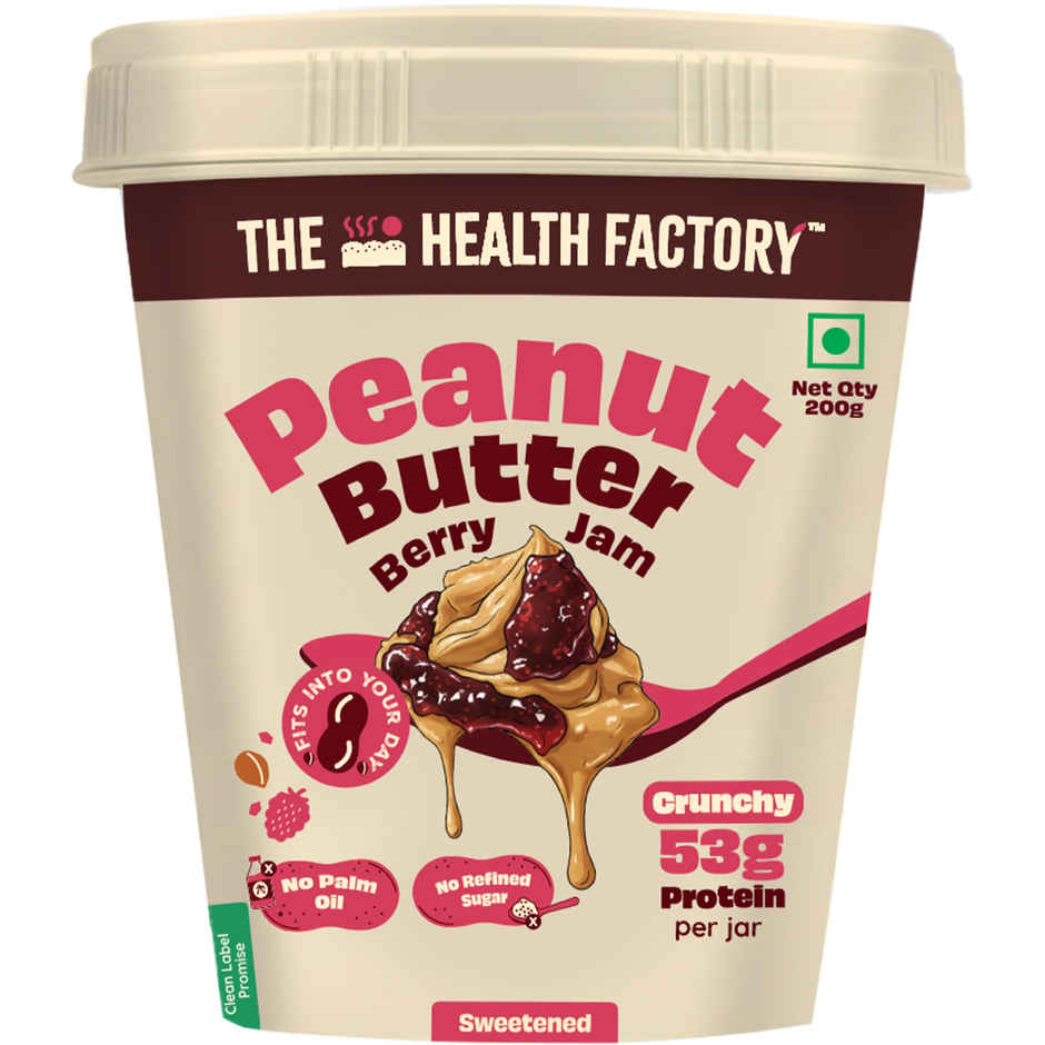 The Health Factory Peanut Butter Berry Jam Crunchy Spread | 53g Protein | Sweetened with Berries & Honey | No Palm Oil