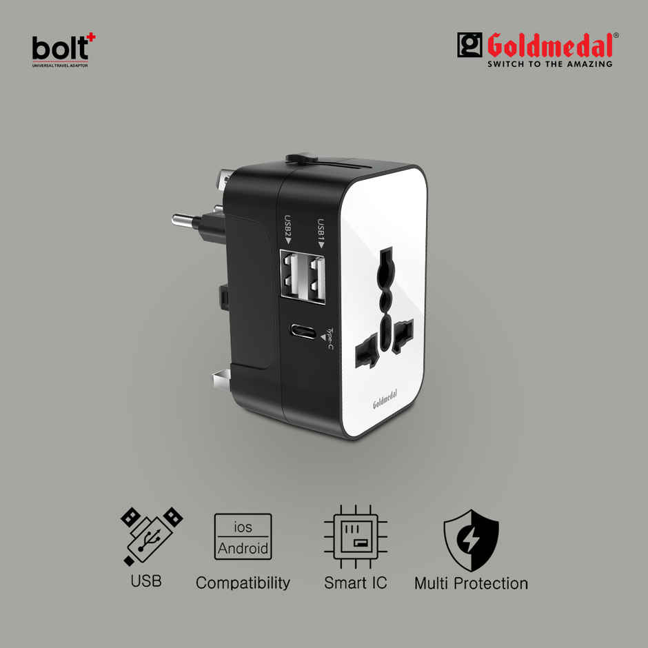 Goldmedal Bolt Plus Universal Travel Adaptor | 2 Type-A & 1 Type-C USB Ports | Black & White