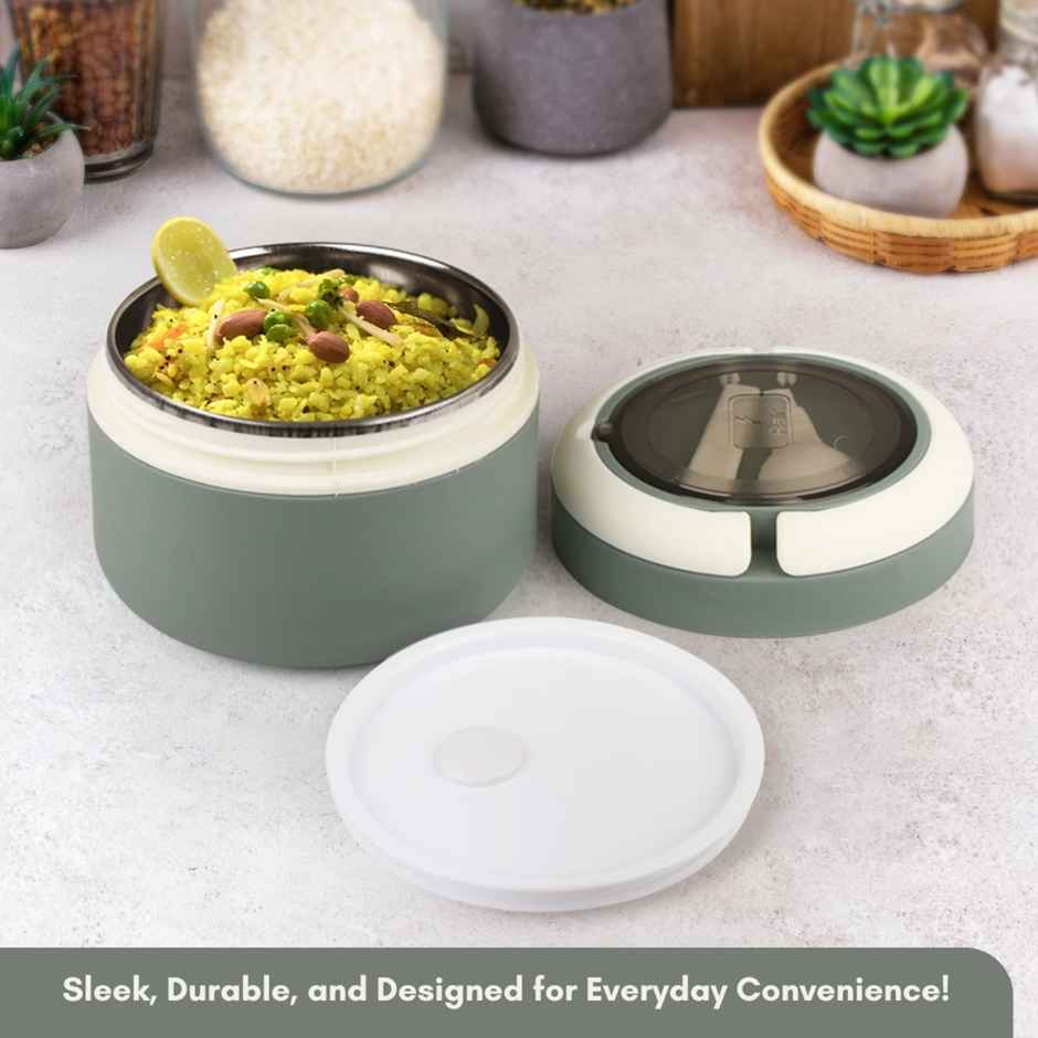 Flair Feast Lunch Box Set Gray Insulated Portable Container With Handle Attractive Spoon Carry Lid