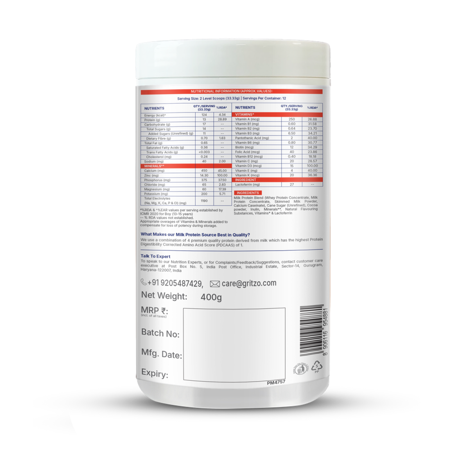 Gritzo Supermilk Growth+ (Formerly Height+) (13+ Years Boys) | Double Chocolate