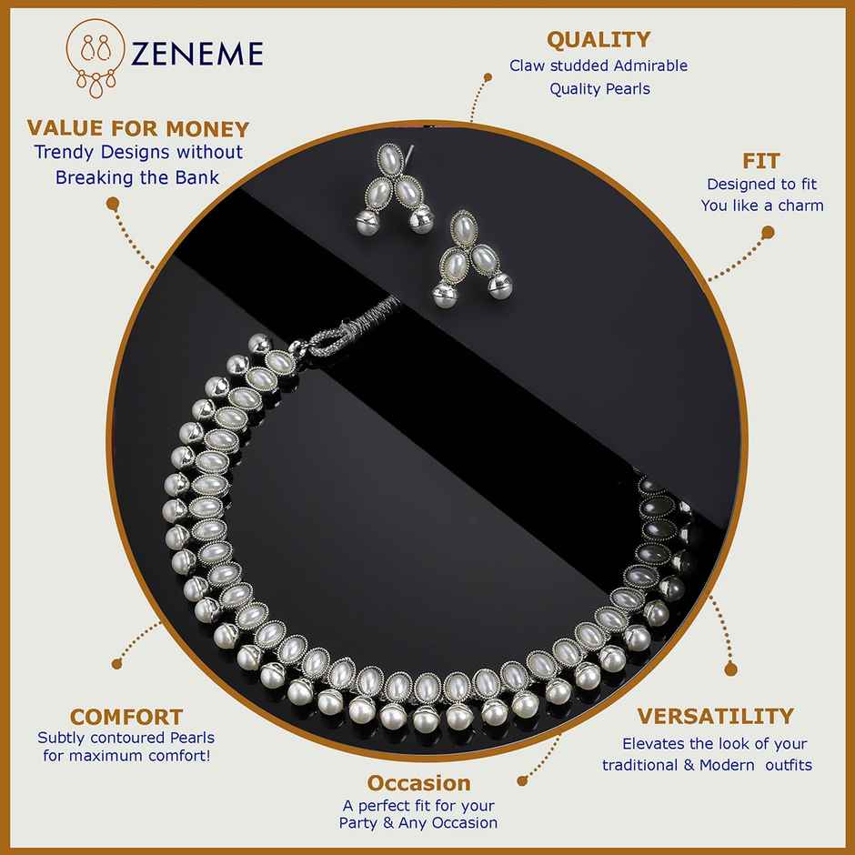 Zeneme Oxidised Silver Traditional White CZ Necklace With Earrings Jewellery For Women & Girls