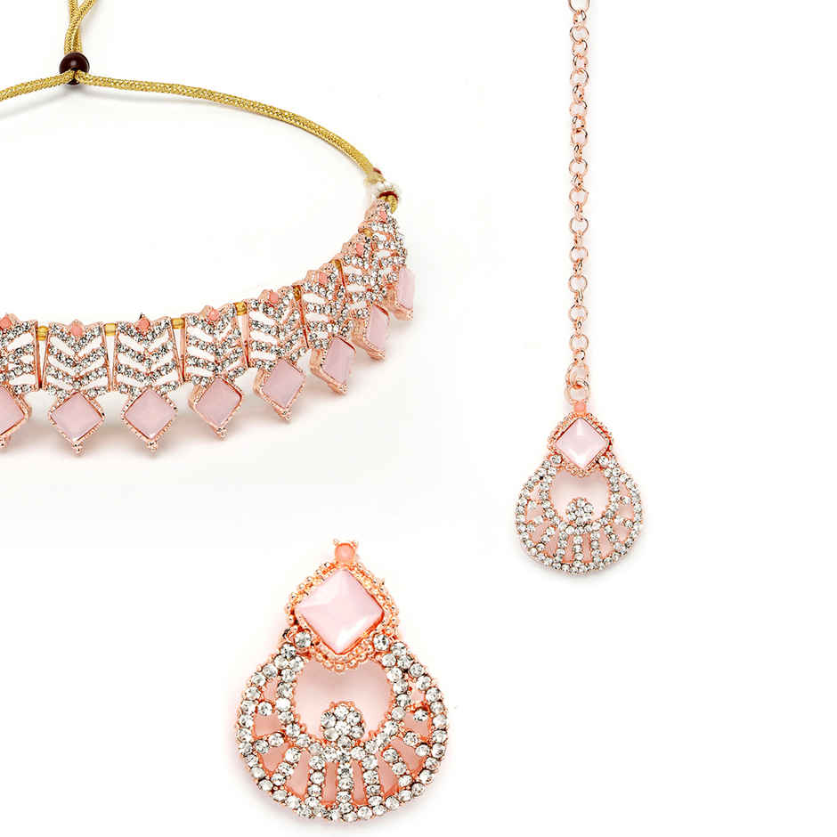 Sukkhi Seaside Gold Plated Pink Kundan & Beads Studded Choker Necklace Set