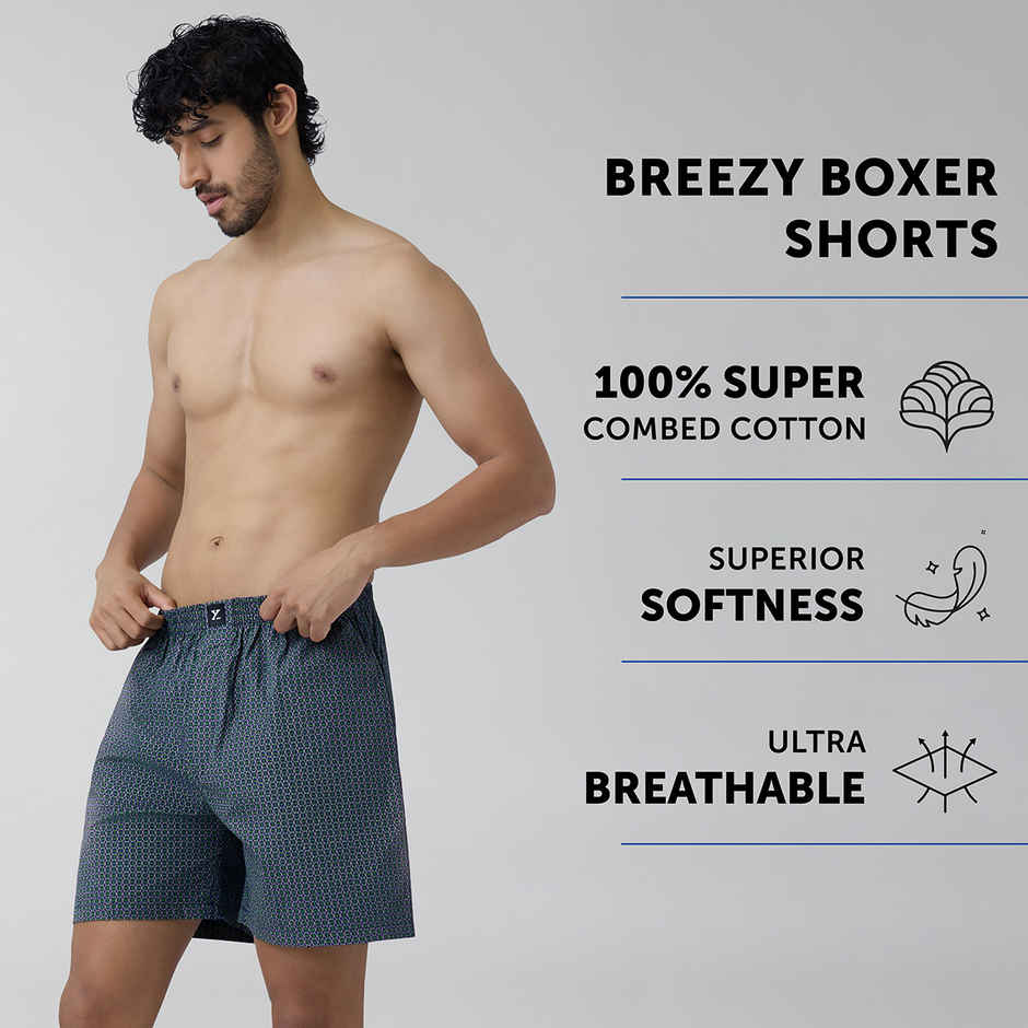 XYXX Men's Cotton Printed Boxer Shorts with Side Pockets, Green Hexagon| XL